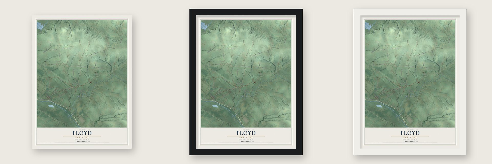 Floyd, New York map unframed, in a black wood frame and in a white wood frame
