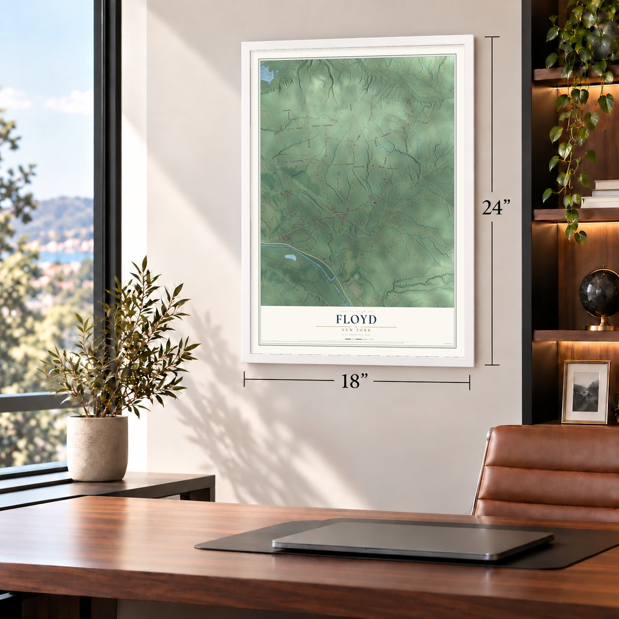 Floyd, New York map, 18 x 24 inch print in a white frame in a home office