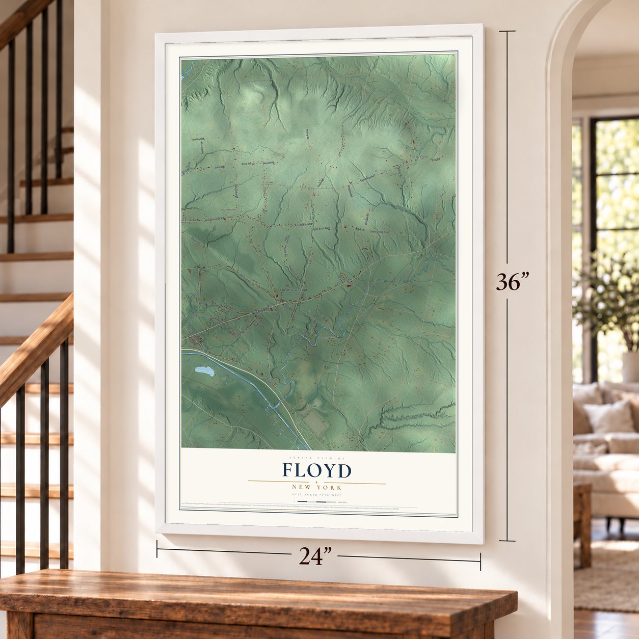 Floyd, New York map, 24 x 36 inch print in a white frame by a staircase