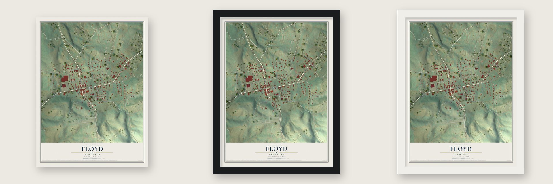 Floyd, Virginia map unframed, in a black wood frame and in a white wood frame