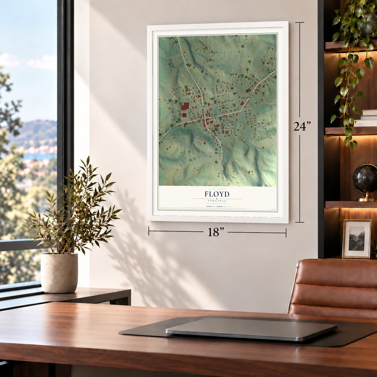 Floyd, Virginia map, 18 x 24 inch print in a white frame in a home office
