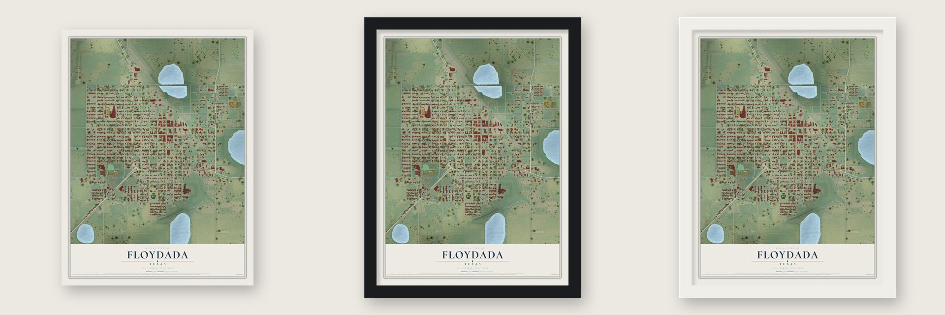 Floydada, Texas map unframed, in a black wood frame and in a white wood frame