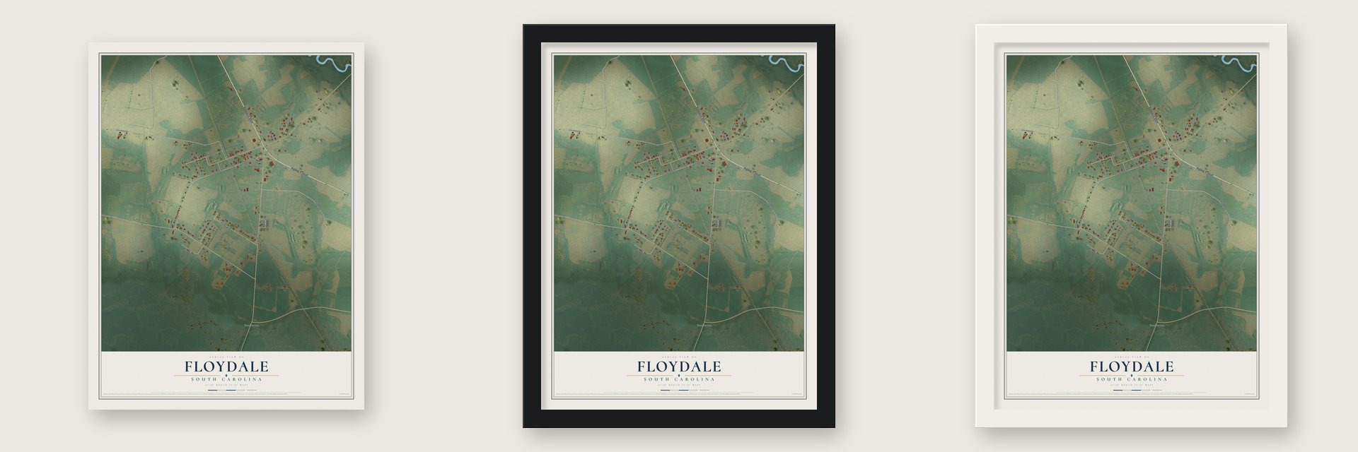 Floydale, South Carolina map unframed, in a black wood frame and in a white wood frame