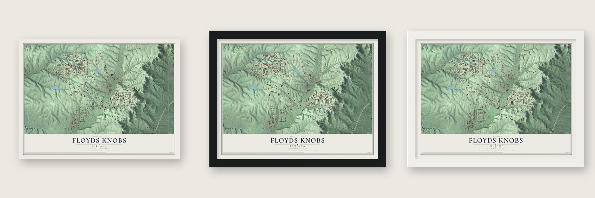 Floyds Knobs, Indiana map unframed, in a black wood frame and in a white wood frame
