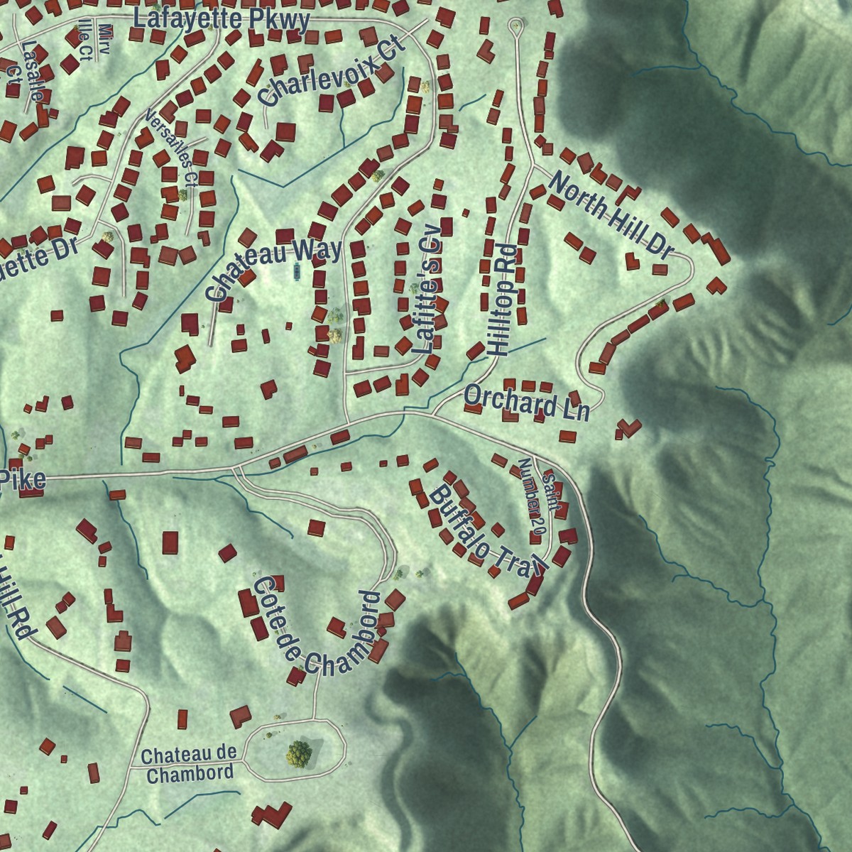 Second close-up of the map of Floyds Knobs, Indiana print showing more streets and buildings