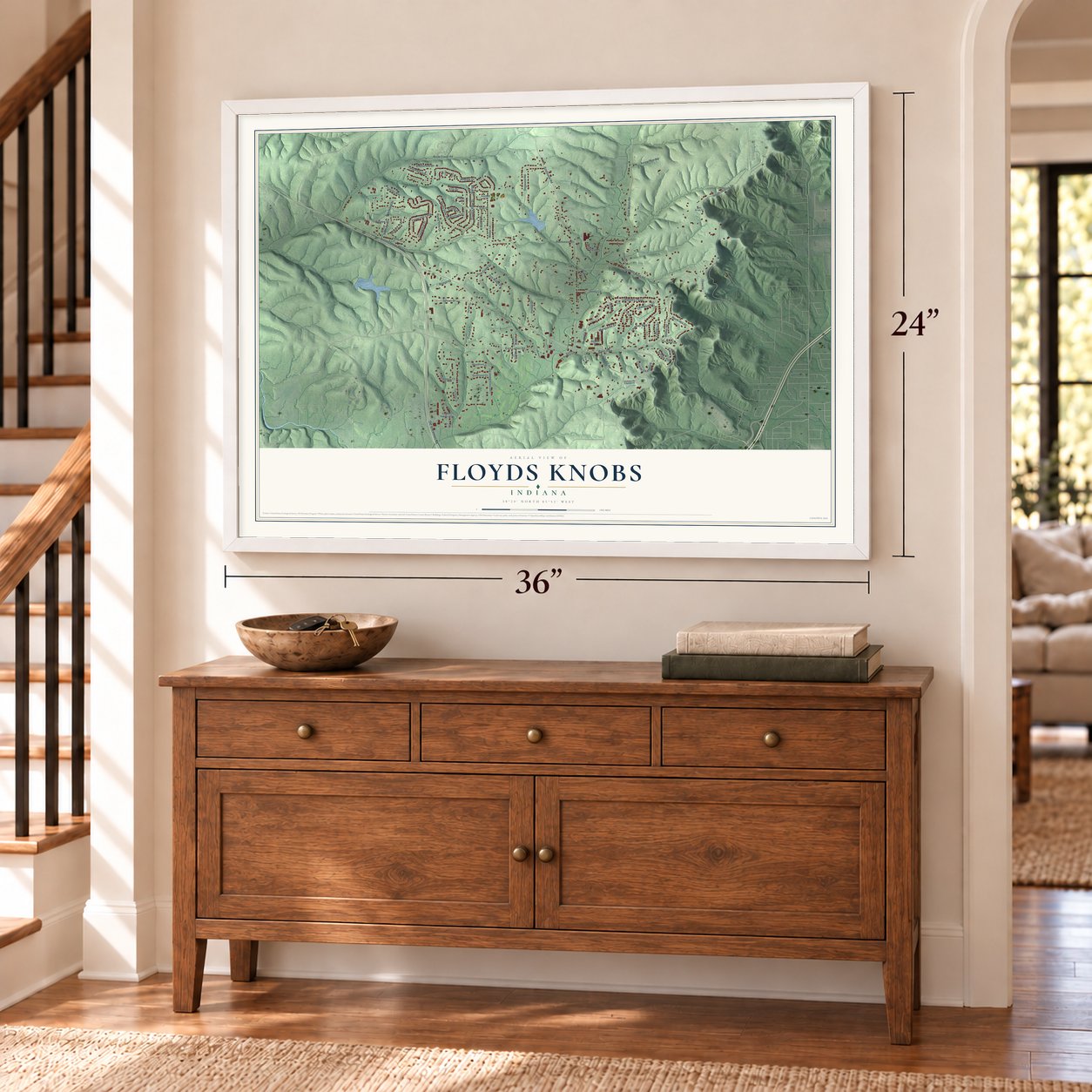 Floyds Knobs, Indiana map, 24 x 36 inch print in a white frame above a dresser by a staircase