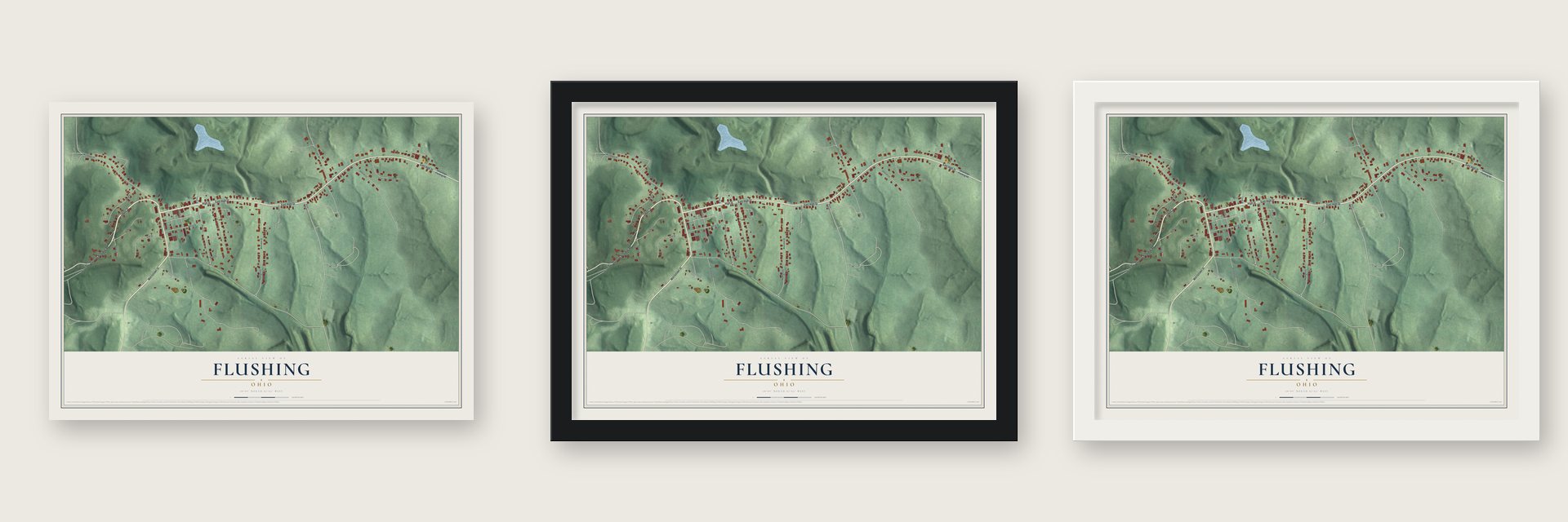 Flushing, Ohio map unframed, in a black wood frame and in a white wood frame