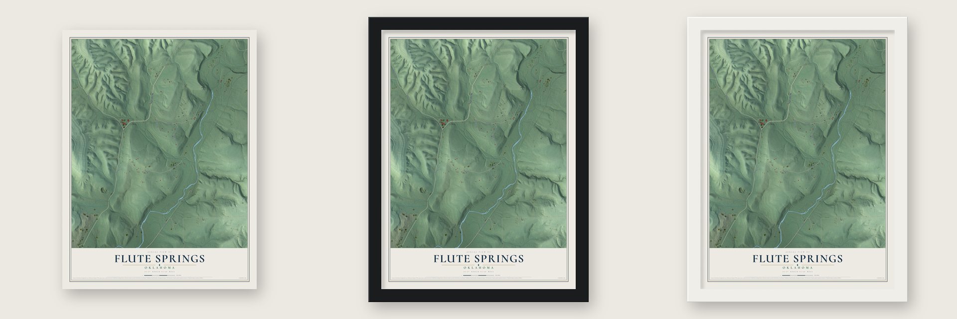 Flute Springs, Oklahoma map unframed, in a black wood frame and in a white wood frame