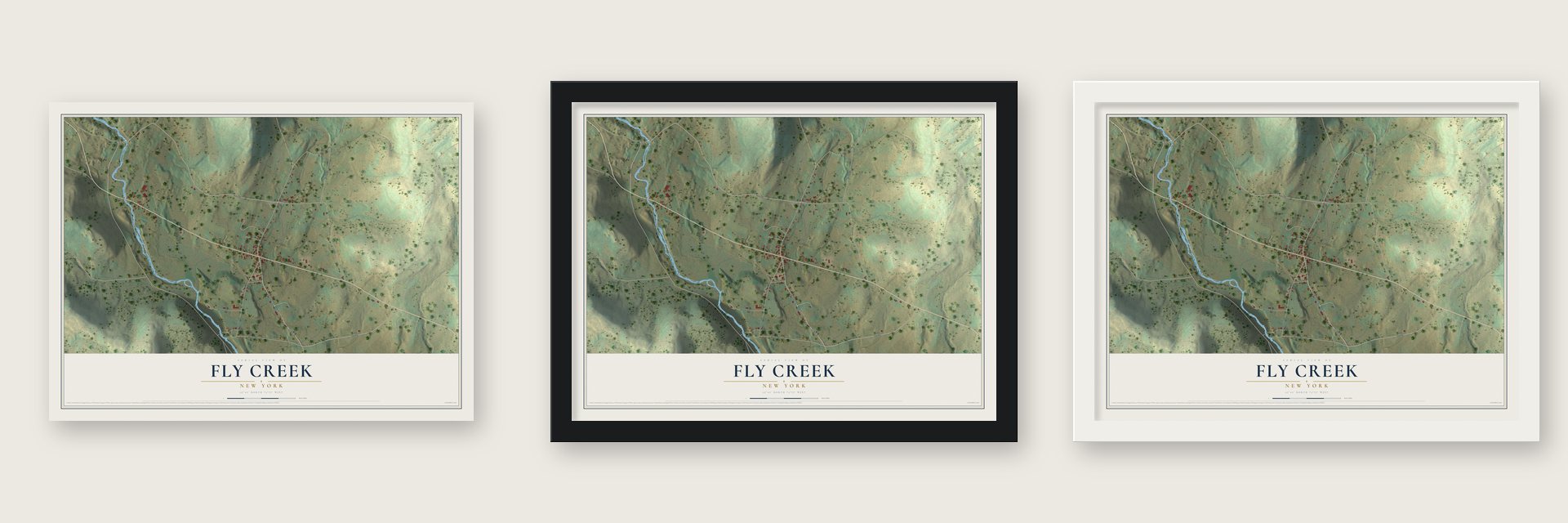 Fly Creek, New York map unframed, in a black wood frame and in a white wood frame