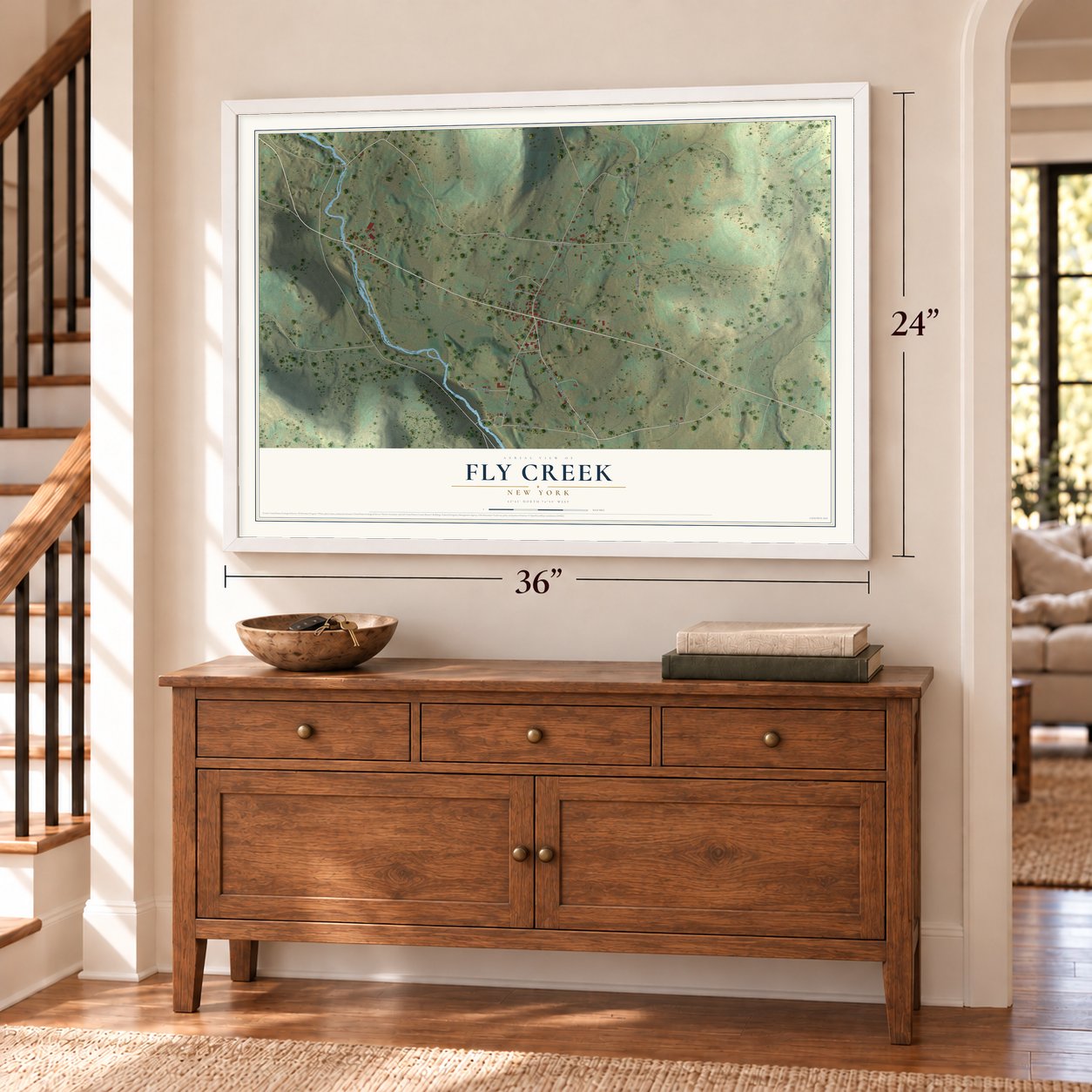 Fly Creek, New York map, 24 x 36 inch print in a white frame above a dresser by a staircase