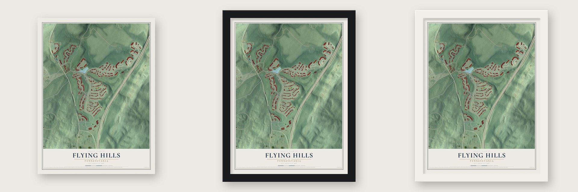 Flying Hills, Pennsylvania map unframed, in a black wood frame and in a white wood frame