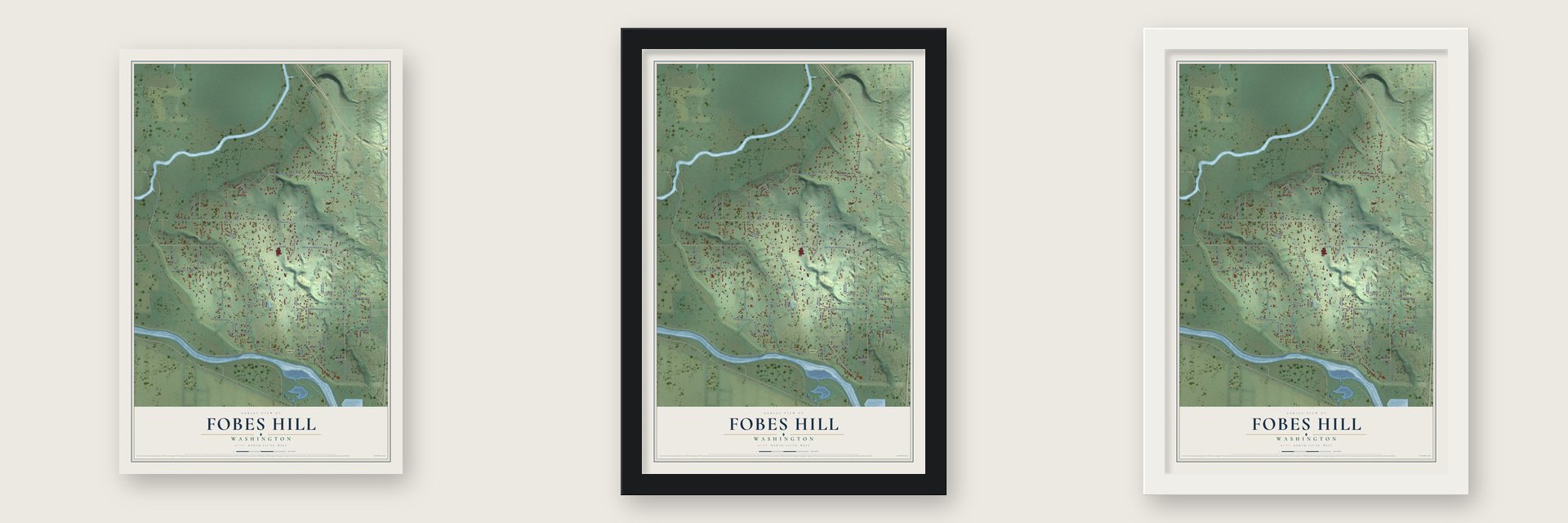 Fobes Hill, Washington map unframed, in a black wood frame and in a white wood frame
