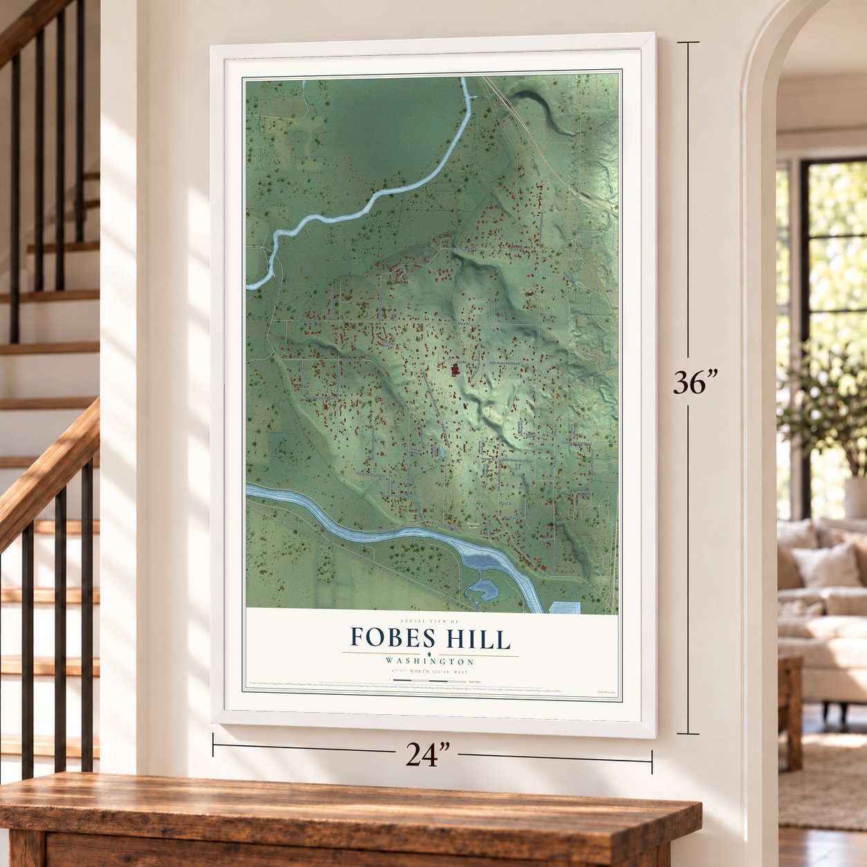Fobes Hill, Washington map, 24 x 36 inch print in a white frame by a staircase