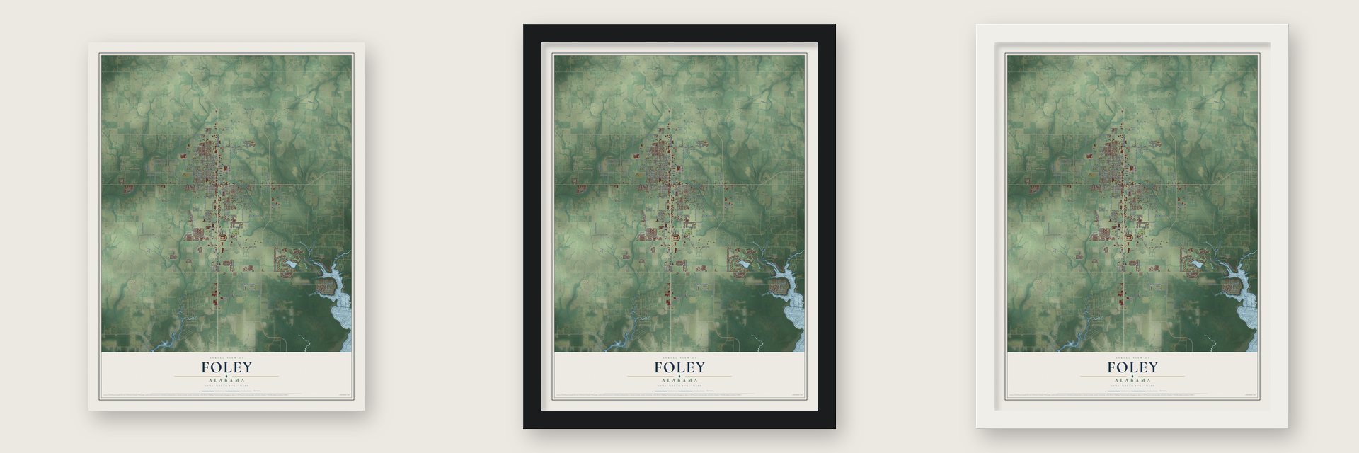 Foley, Alabama map unframed, in a black wood frame and in a white wood frame