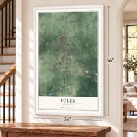 Foley, Alabama map, 24 x 36 inch print in a white frame by a staircase