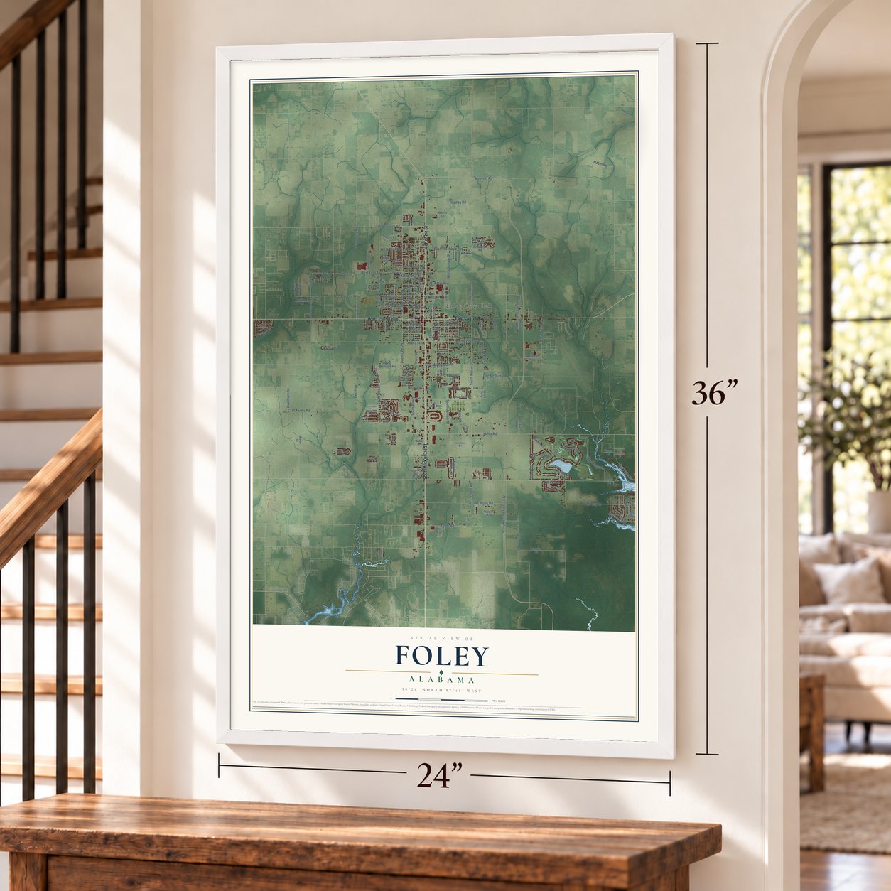 Foley, Alabama map, 24 x 36 inch print in a white frame by a staircase