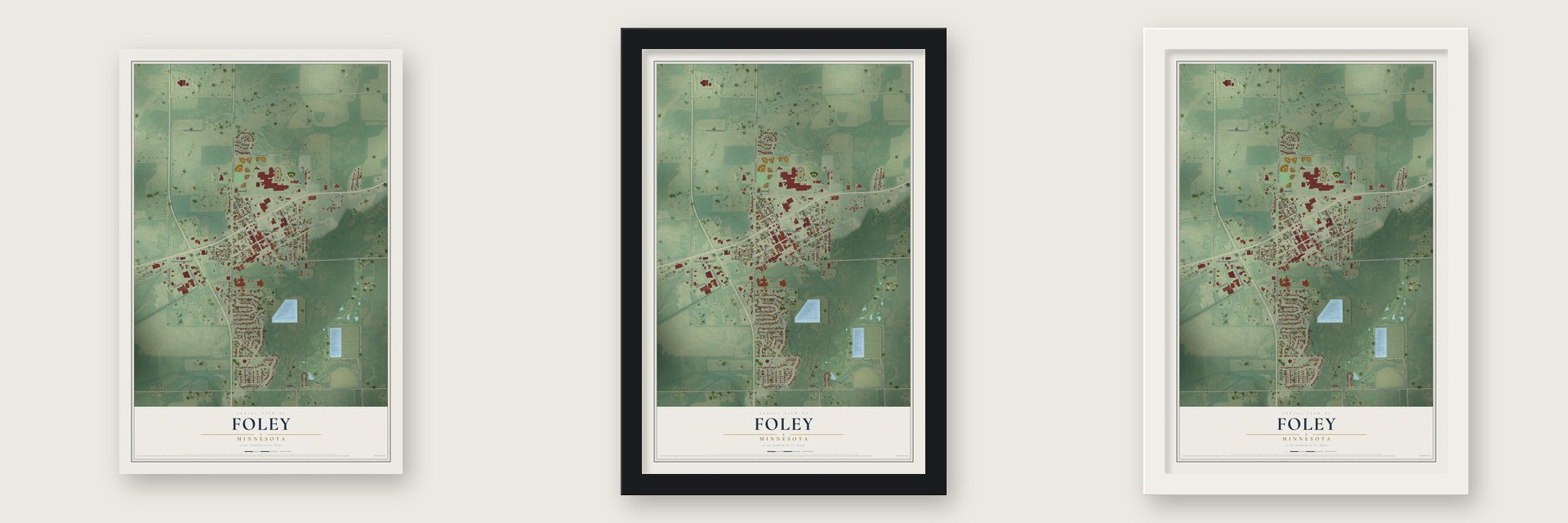 Foley, Minnesota map unframed, in a black wood frame and in a white wood frame