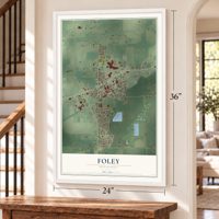Foley, Minnesota map, 24 x 36 inch print in a white frame by a staircase