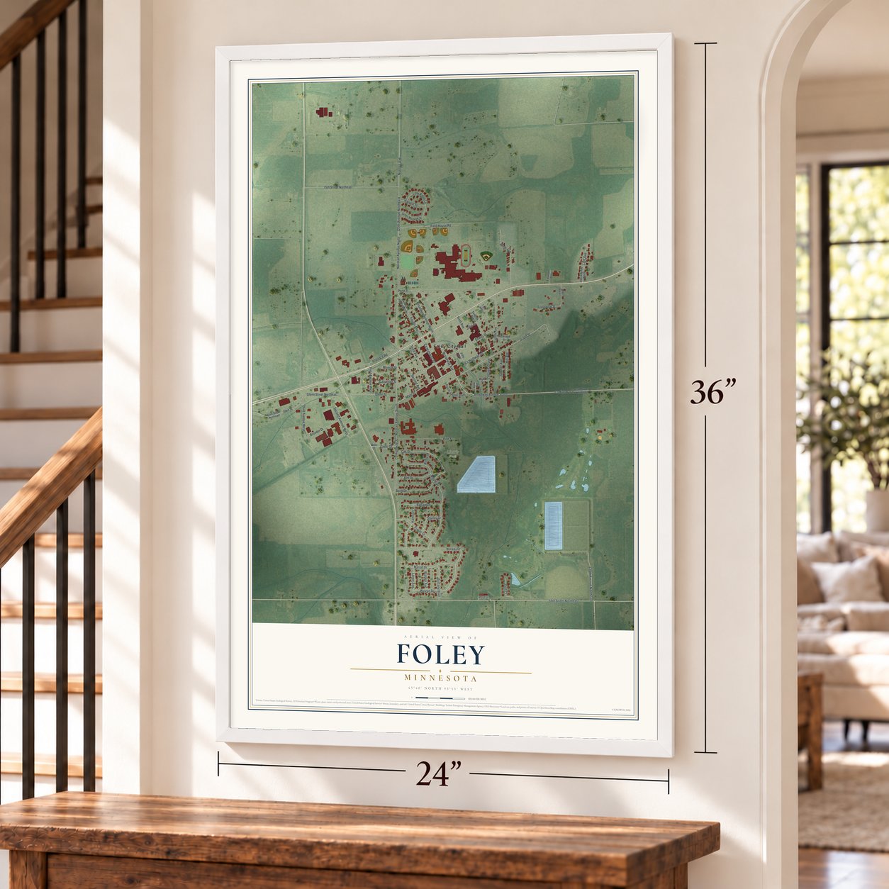 Foley, Minnesota map, 24 x 36 inch print in a white frame by a staircase