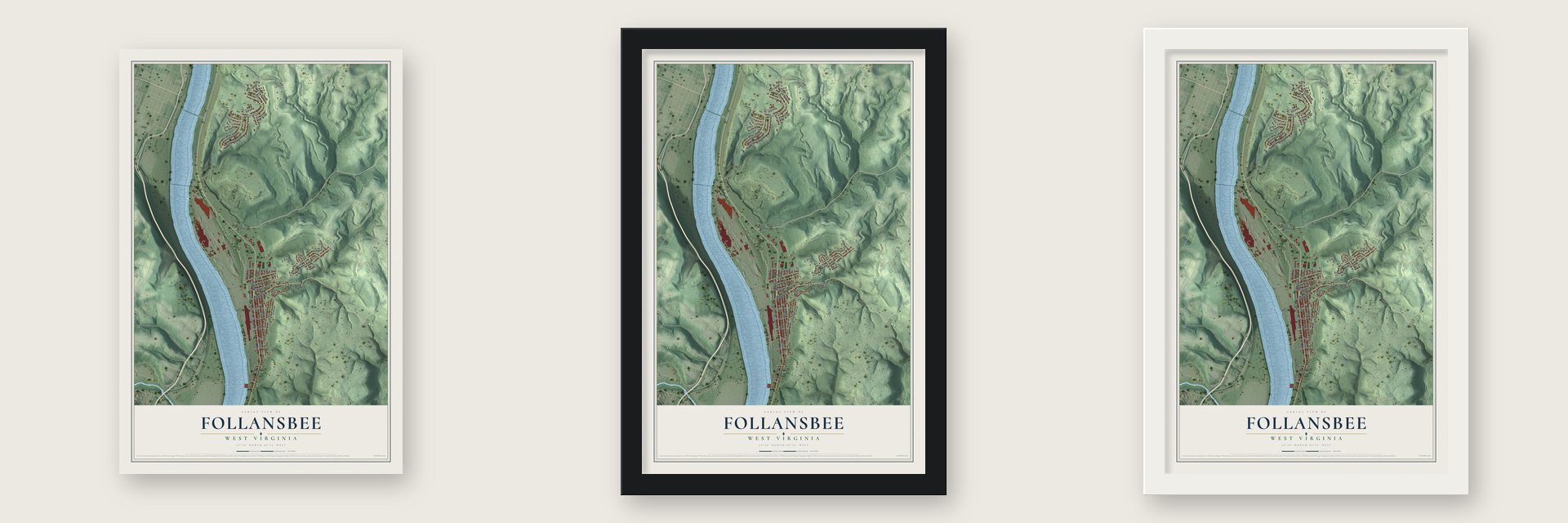 Follansbee, West Virginia map unframed, in a black wood frame and in a white wood frame