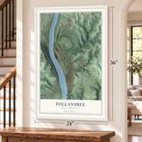 Follansbee, West Virginia map, 24 x 36 inch print in a white frame by a staircase