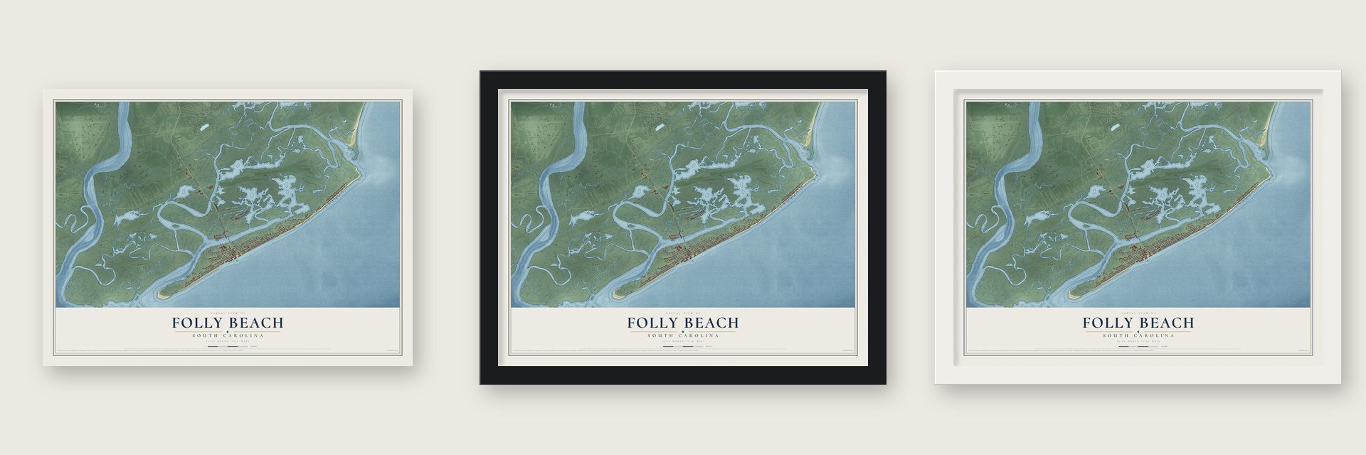 Folly Beach, South Carolina map unframed, in a black wood frame and in a white wood frame