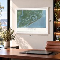 Folly Beach, South Carolina map, 18 x 24 inch print in a white frame in a home office
