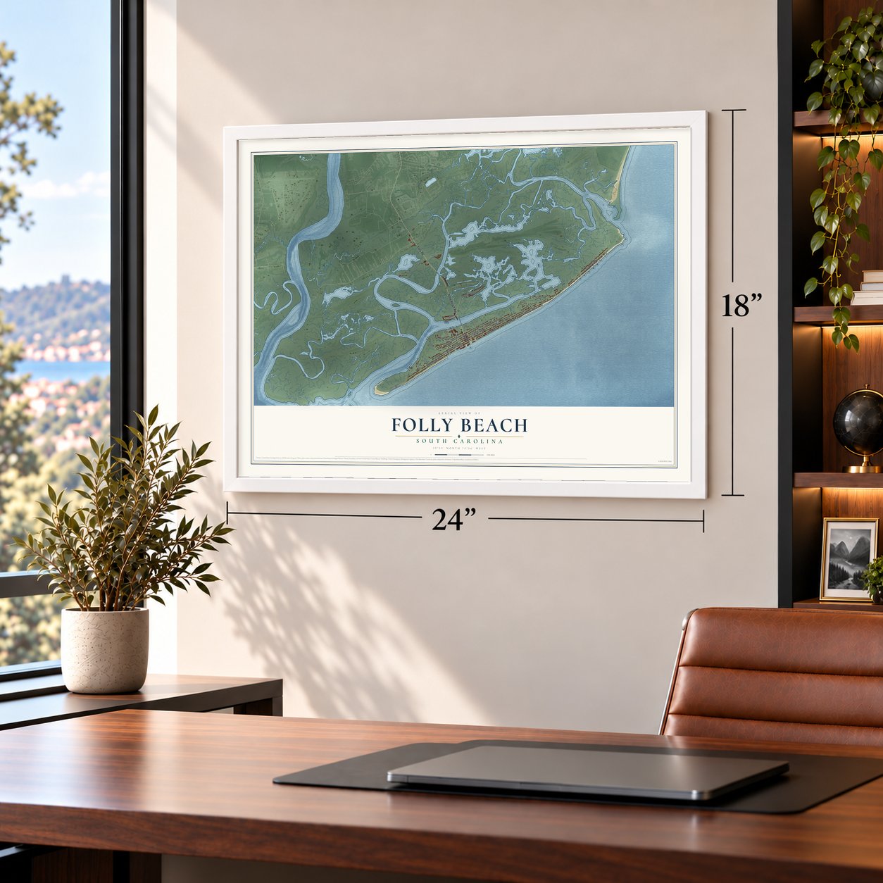 Folly Beach, South Carolina map, 18 x 24 inch print in a white frame in a home office