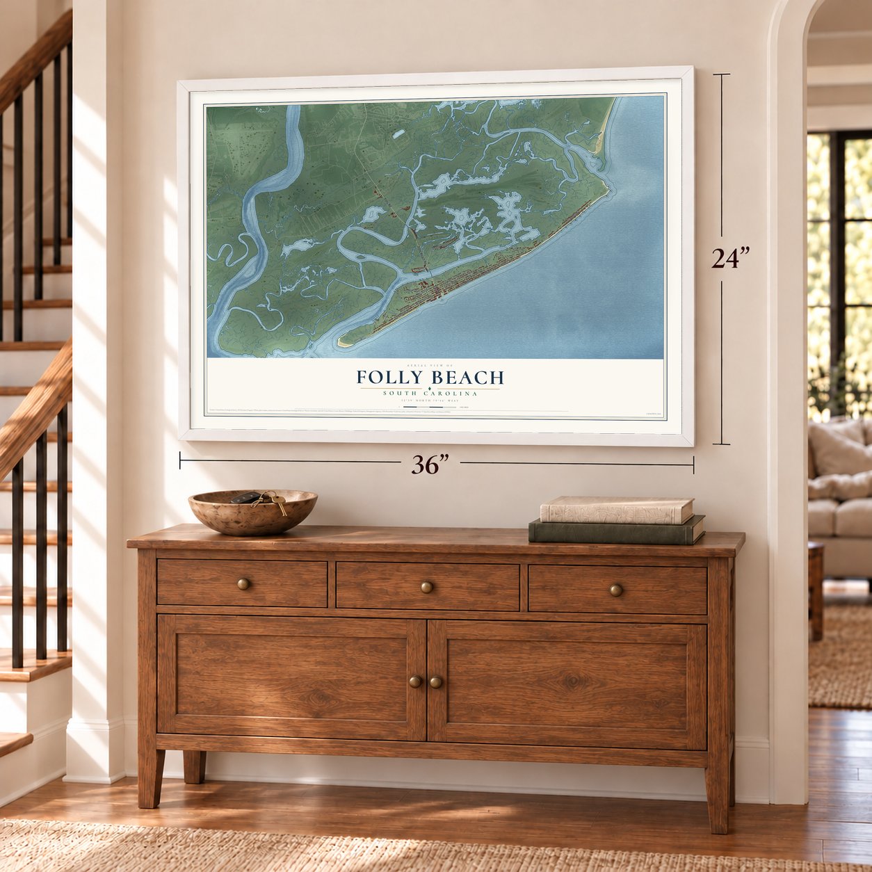 Folly Beach, South Carolina map, 24 x 36 inch print in a white frame above a dresser by a staircase