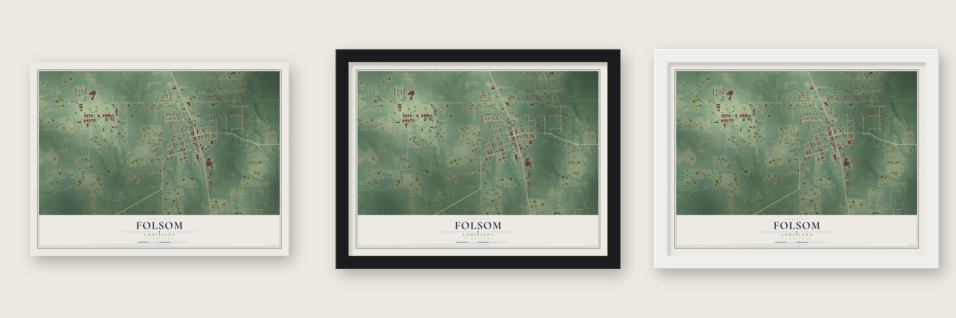 Folsom, Louisiana map unframed, in a black wood frame and in a white wood frame