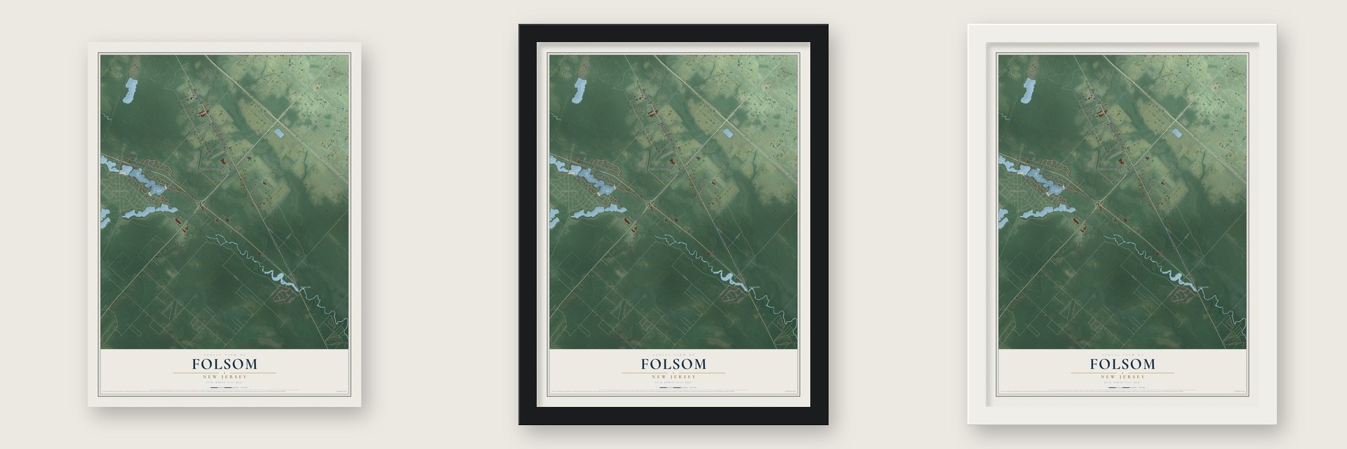 Folsom, New Jersey map unframed, in a black wood frame and in a white wood frame