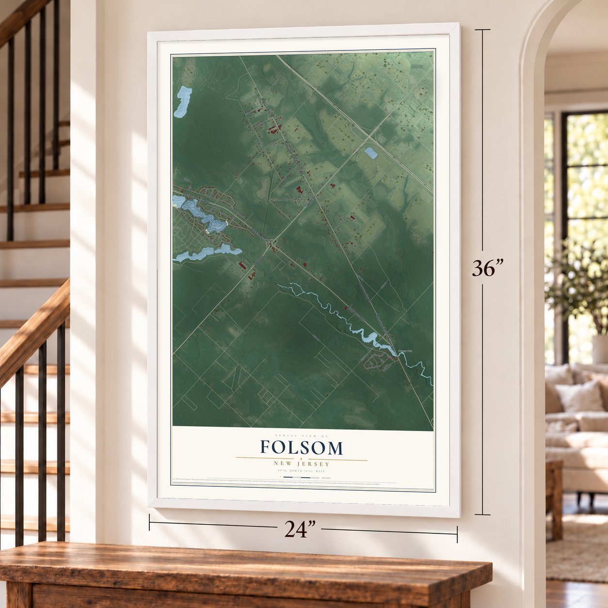 Folsom, New Jersey map, 24 x 36 inch print in a white frame by a staircase