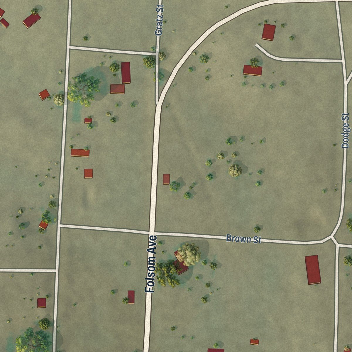 Second close-up of the map of Folsom, New Mexico print showing more streets and buildings