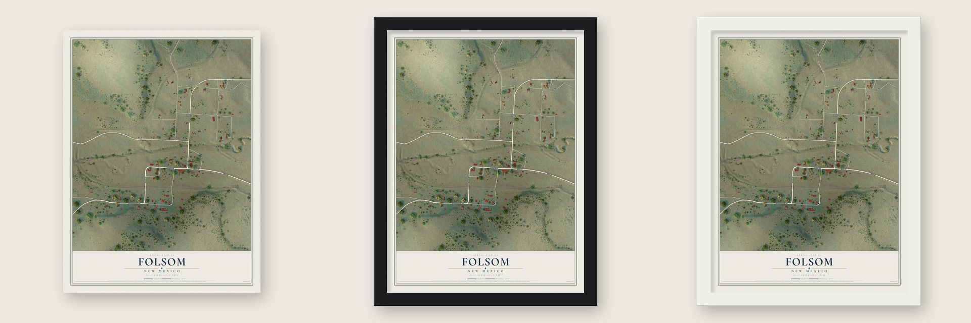 Folsom, New Mexico map unframed, in a black wood frame and in a white wood frame