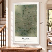 Folsom, New Mexico map, 24 x 36 inch print in a white frame by a staircase