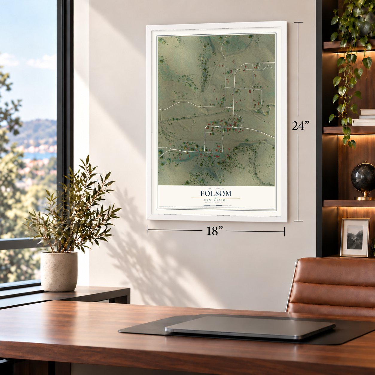 Folsom, New Mexico map, 18 x 24 inch print in a white frame in a home office