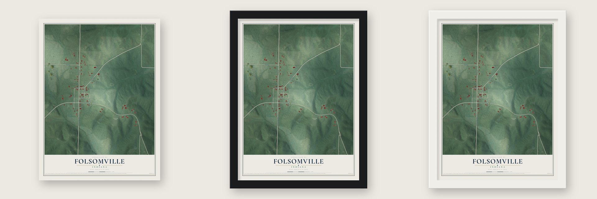 Folsomville, Indiana map unframed, in a black wood frame and in a white wood frame