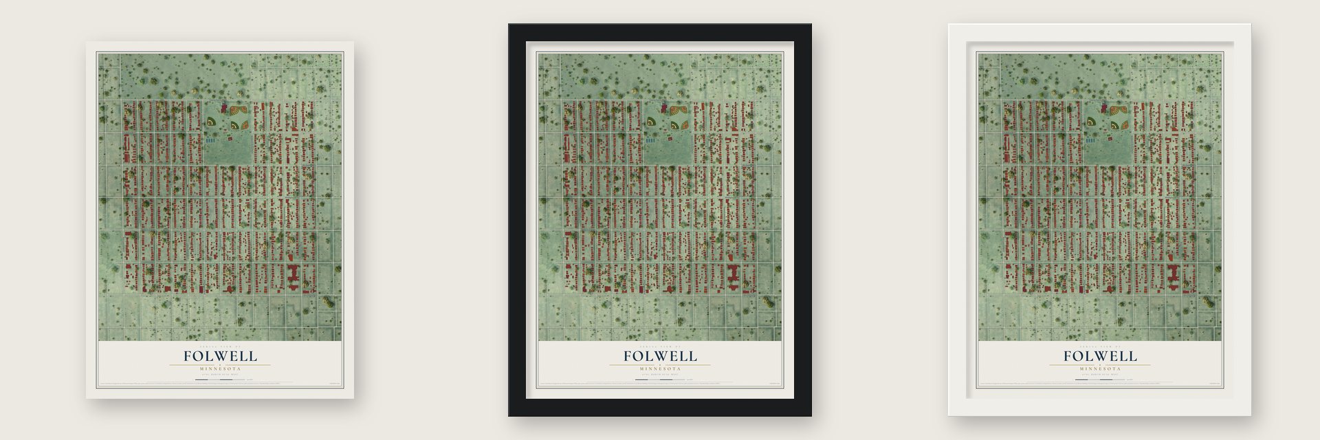 Folwell, Minnesota map unframed, in a black wood frame and in a white wood frame