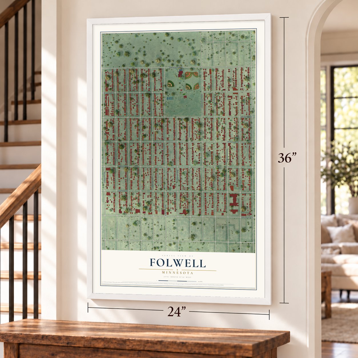 Folwell, Minnesota map, 24 x 36 inch print in a white frame by a staircase