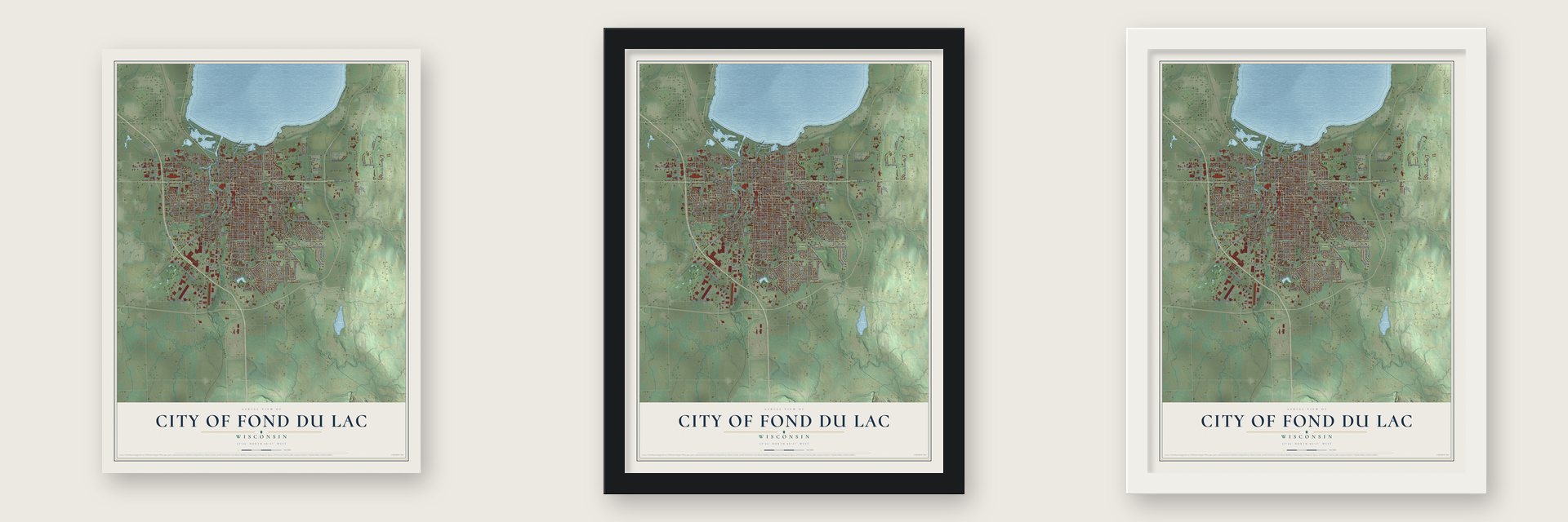 Fond du Lac, Wisconsin map unframed, in a black wood frame and in a white wood frame