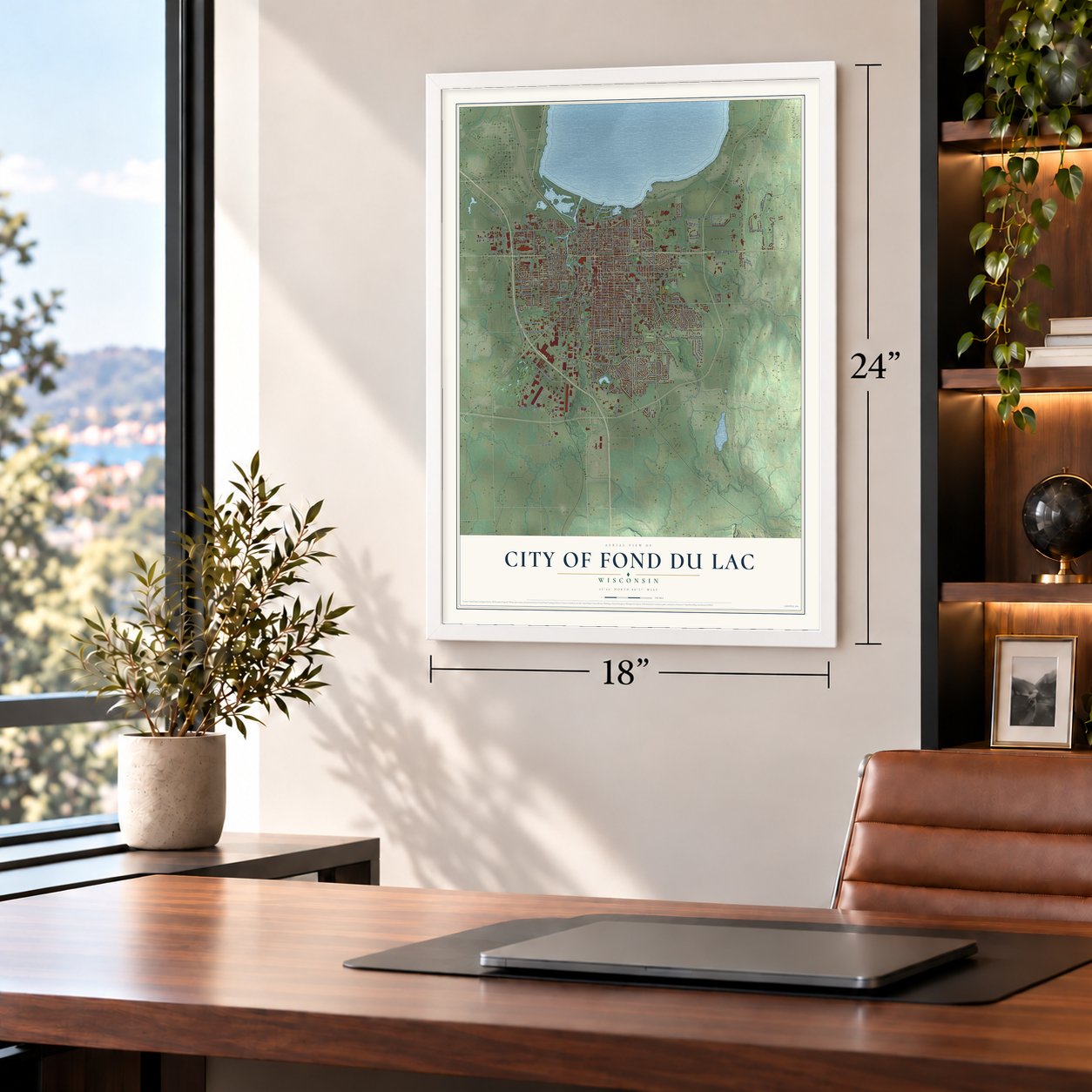 Fond du Lac, Wisconsin map, 18 x 24 inch print in a white frame in a home office