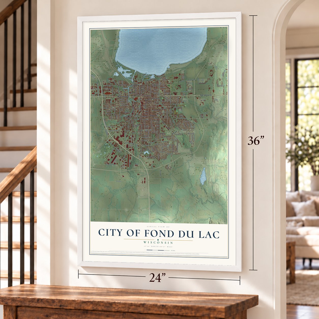 Fond du Lac, Wisconsin map, 24 x 36 inch print in a white frame by a staircase