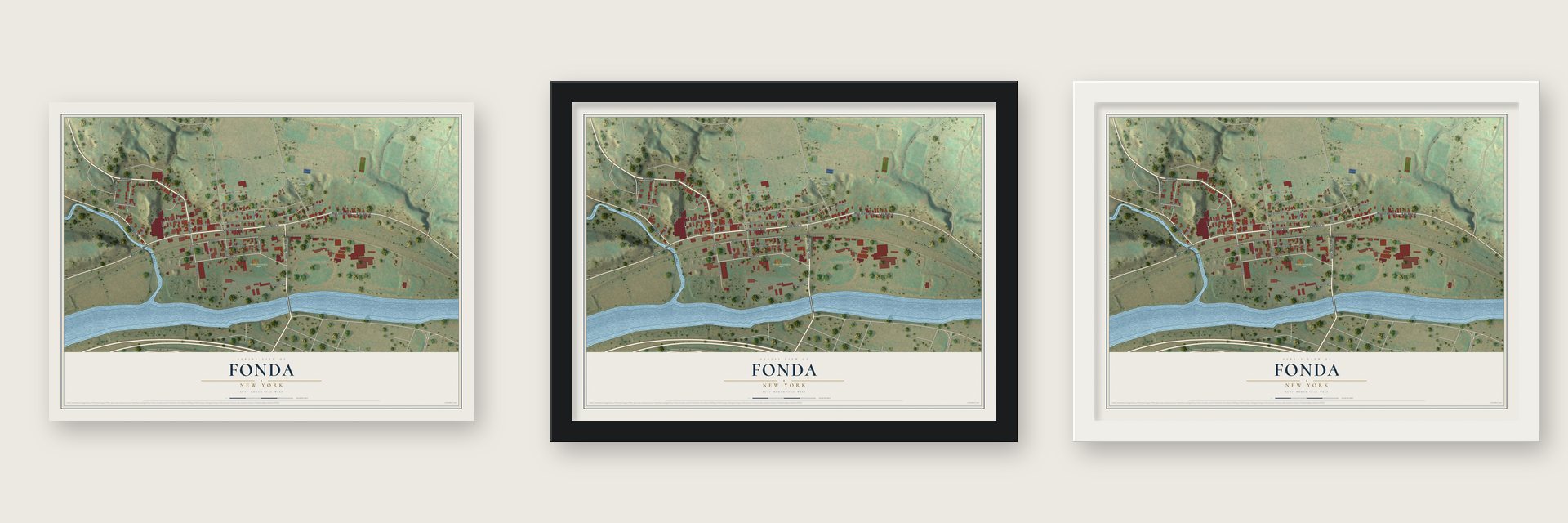 Fonda, New York map unframed, in a black wood frame and in a white wood frame