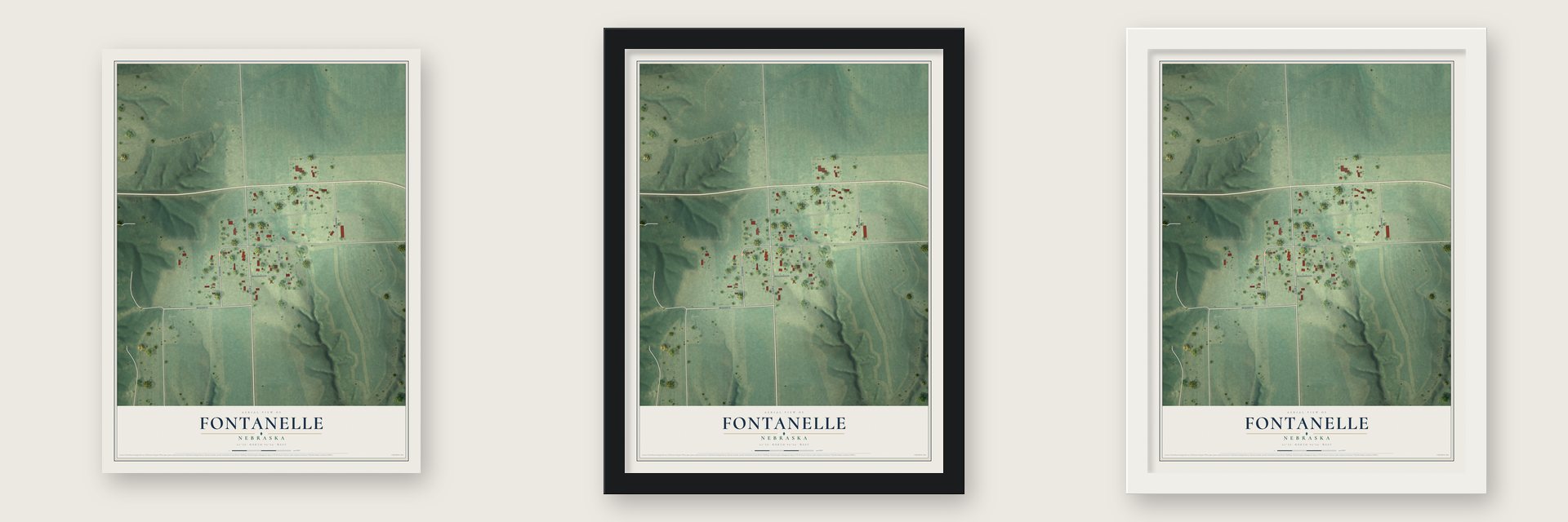 Fontanelle, Nebraska map unframed, in a black wood frame and in a white wood frame