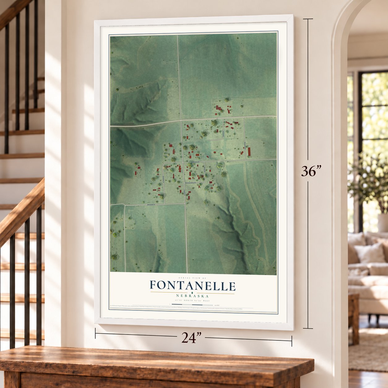 Fontanelle, Nebraska map, 24 x 36 inch print in a white frame by a staircase