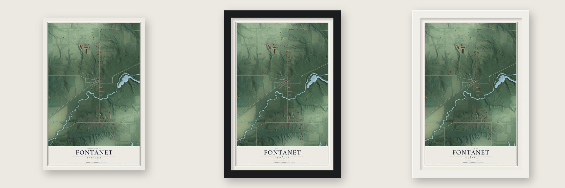 Fontanet, Indiana map unframed, in a black wood frame and in a white wood frame