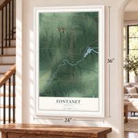 Fontanet, Indiana map, 24 x 36 inch print in a white frame by a staircase