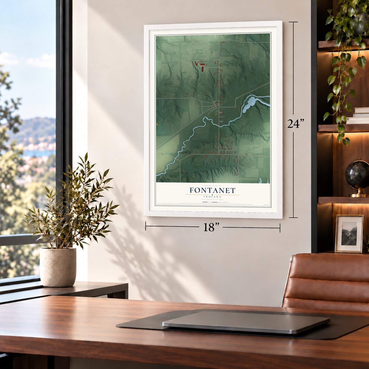 Fontanet, Indiana map, 18 x 24 inch print in a white frame in a home office