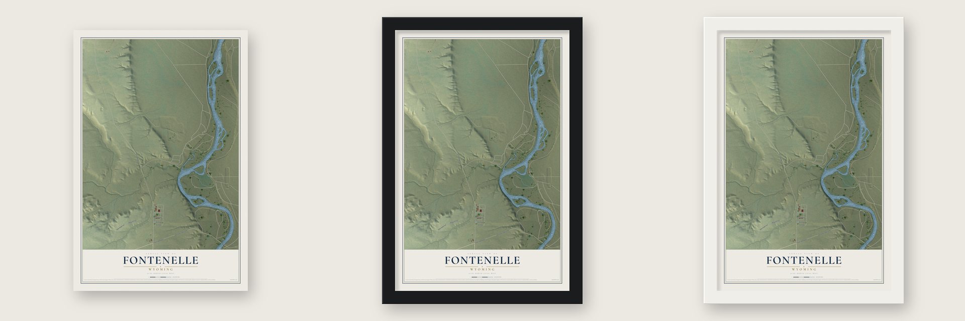 Fontenelle, Wyoming map unframed, in a black wood frame and in a white wood frame