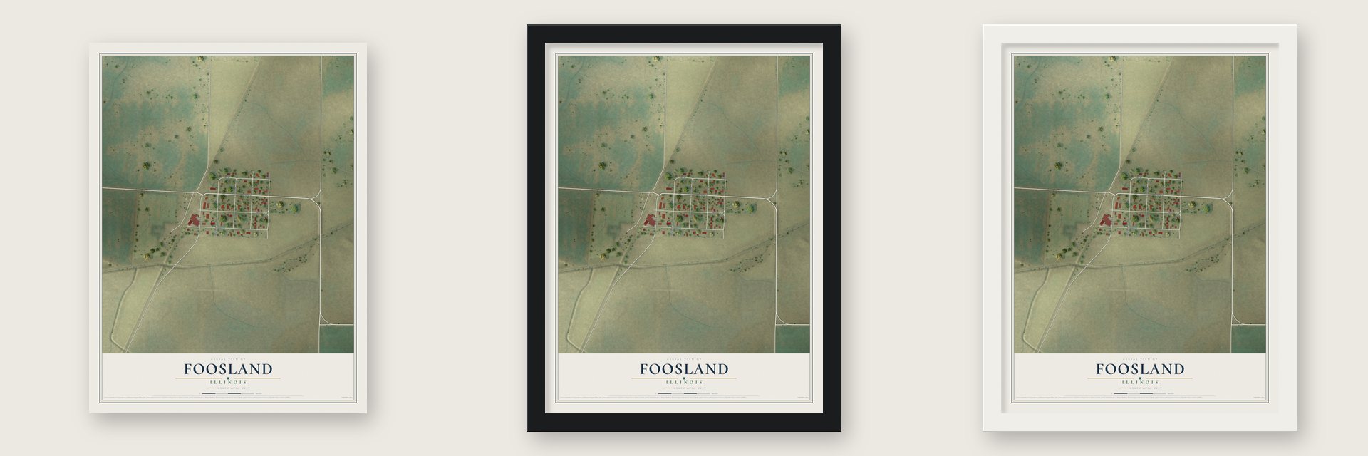 Foosland, Illinois map unframed, in a black wood frame and in a white wood frame